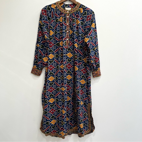 Sezane Robe Glorina Midi Dress in Candy Multicolor Ikat Print Embroidered Trim - Picture 4 of 16